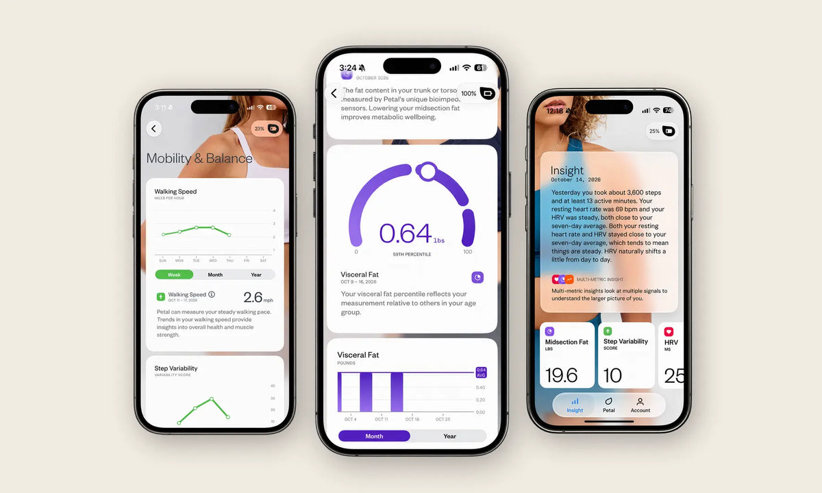 Petal app showing visceral fat, mobility, and personalized health insights