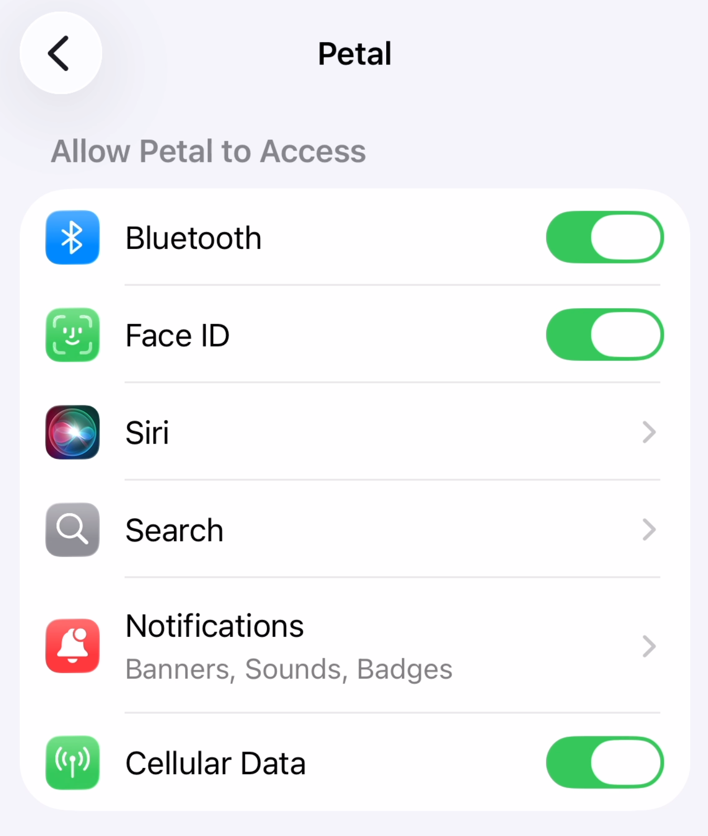 iPhone app permissions screen showing Bluetooth enabled for Petal